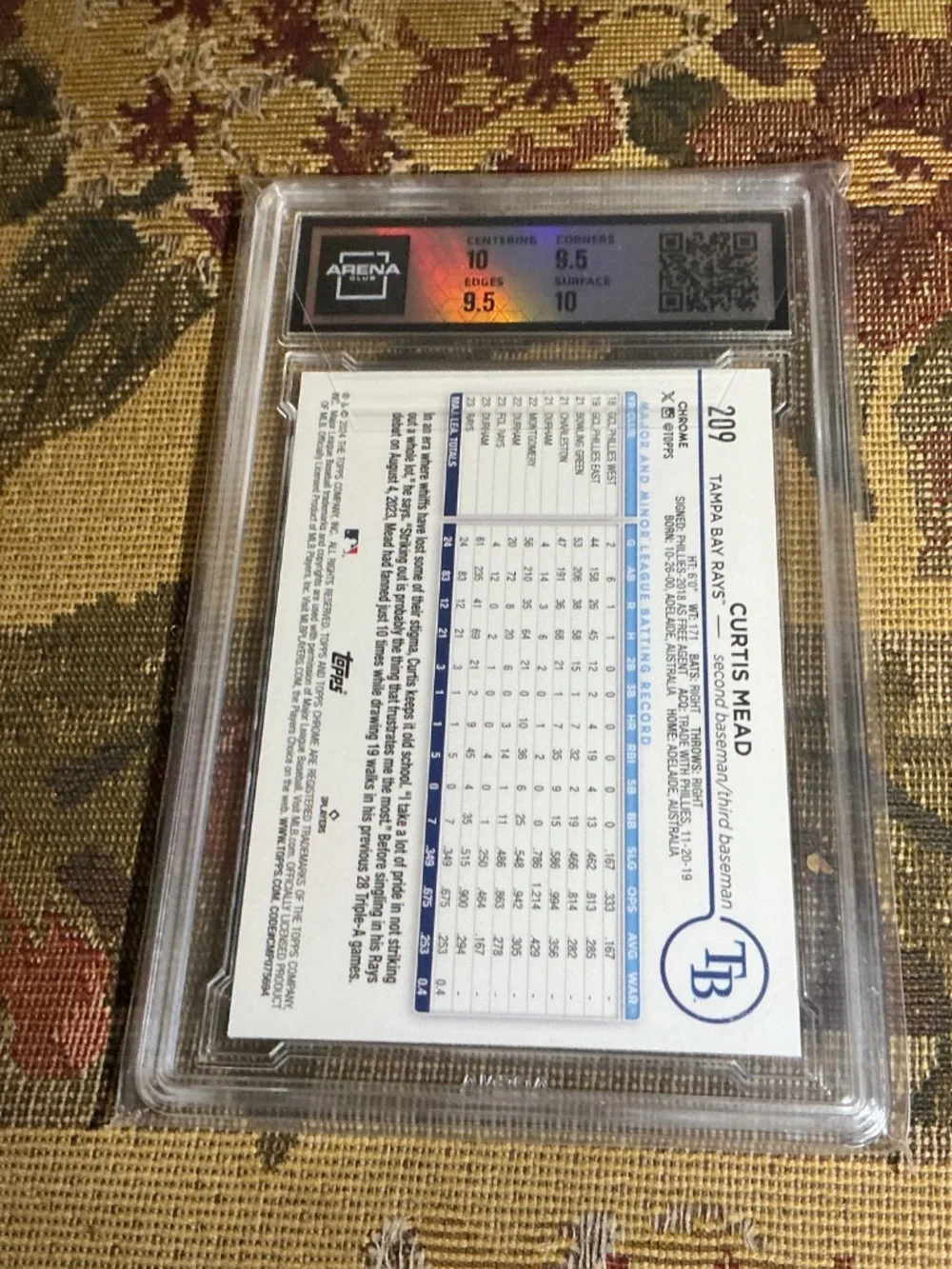 CURTIS MEAD 2024 Topps Chrome MLB Pink Refractor Rookie Card 209 Graded Arena 10